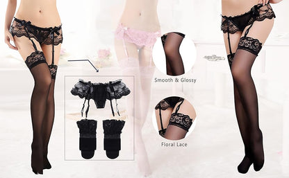 Women's Lace Garter Belt And Sheer Stockings Lingerie Set With Panty