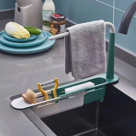 Sink Storage Rack Adjustable Expandable Kitchen Sink Organizer with Towel Bar and Drain Basket