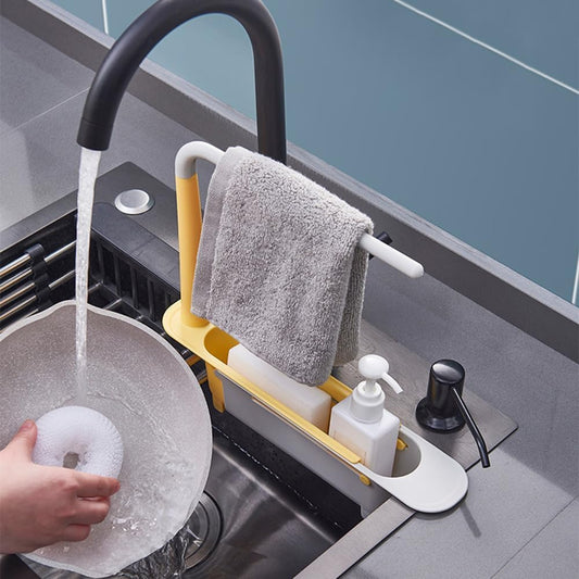 Sink Storage Rack Adjustable Expandable Kitchen Sink Organizer with Towel Bar and Drain Basket