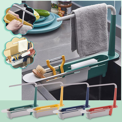 Sink Storage Rack Adjustable Expandable Kitchen Sink Organizer with Towel Bar and Drain Basket