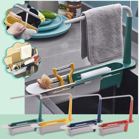 Sink Storage Rack Adjustable Expandable Kitchen Sink Organizer with Towel Bar and Drain Basket