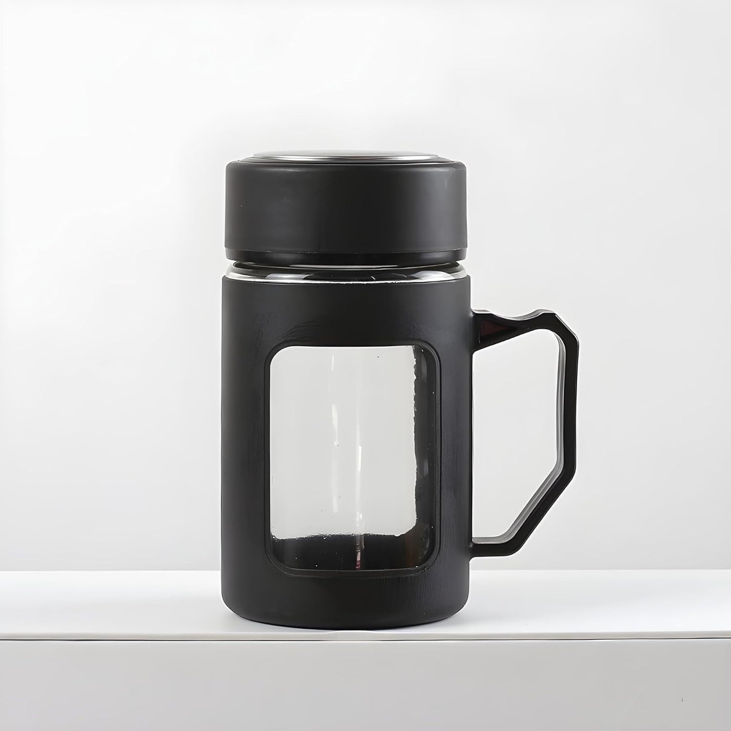glass double wall sipper mug 500ml with handle & spill proof lid