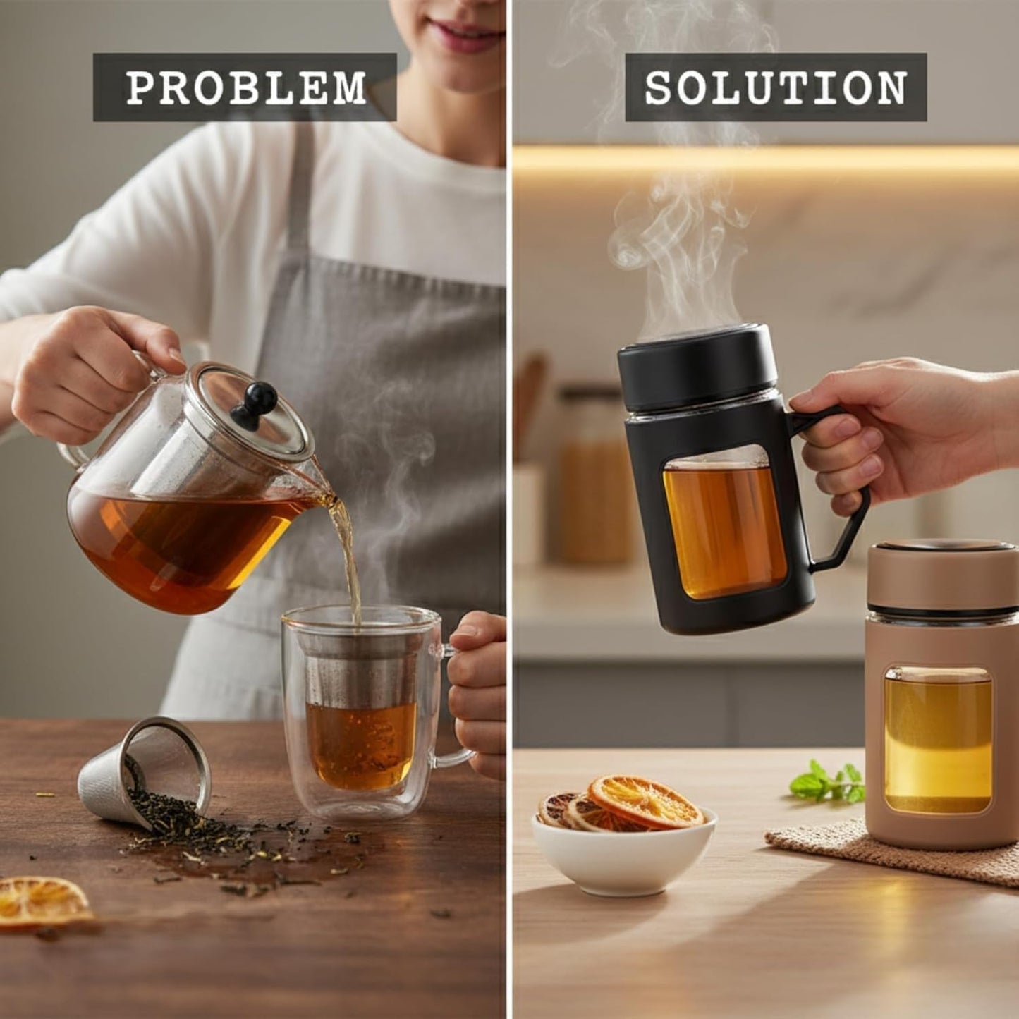 glass double wall sipper mug 500ml with handle & spill proof lid