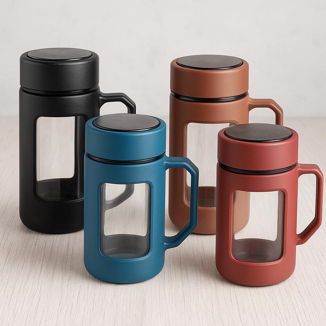 glass double wall sipper mug 500ml with handle & spill proof lid